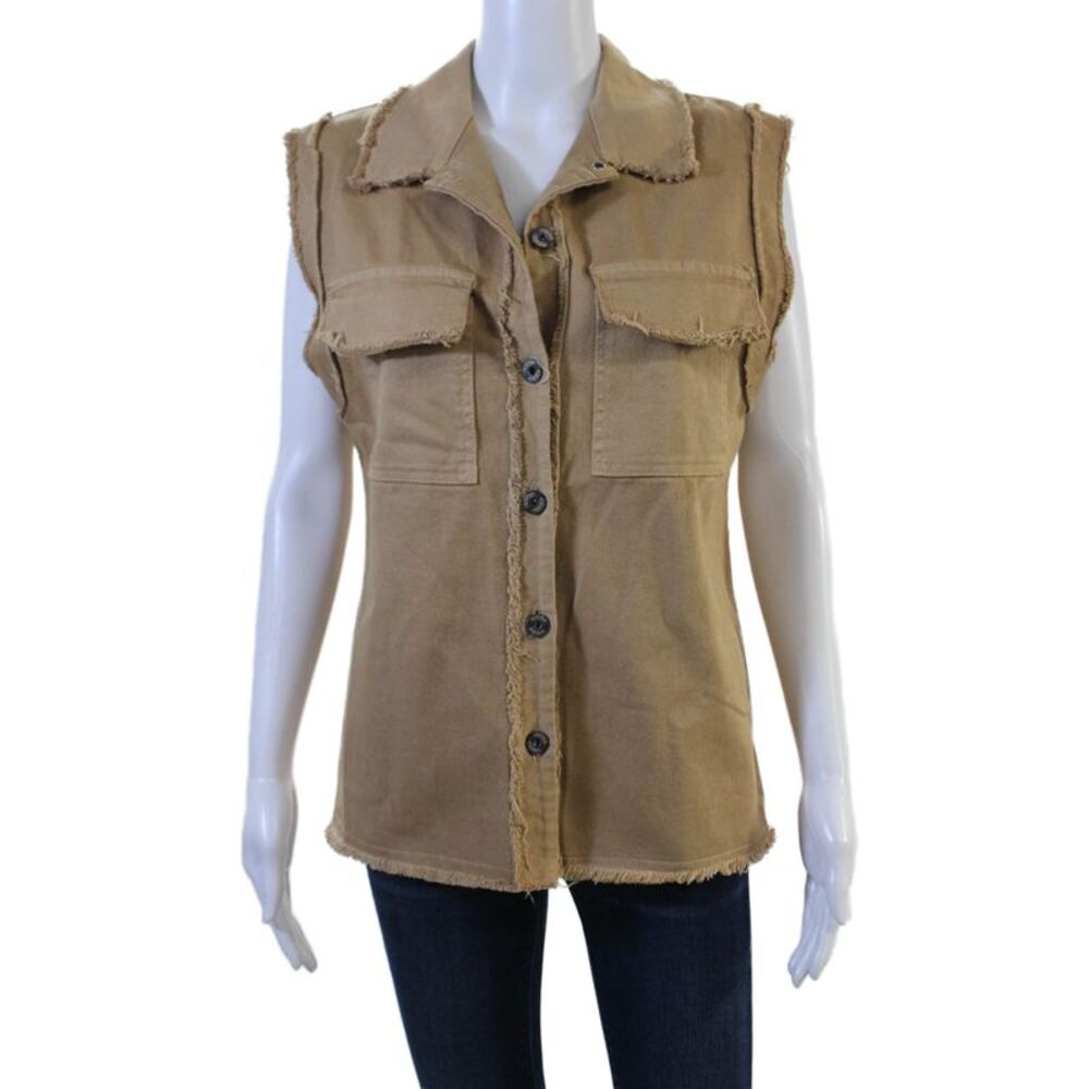 Johanna Paris Womens Tan Cotton Elastane Collared Button Army Vest Size S